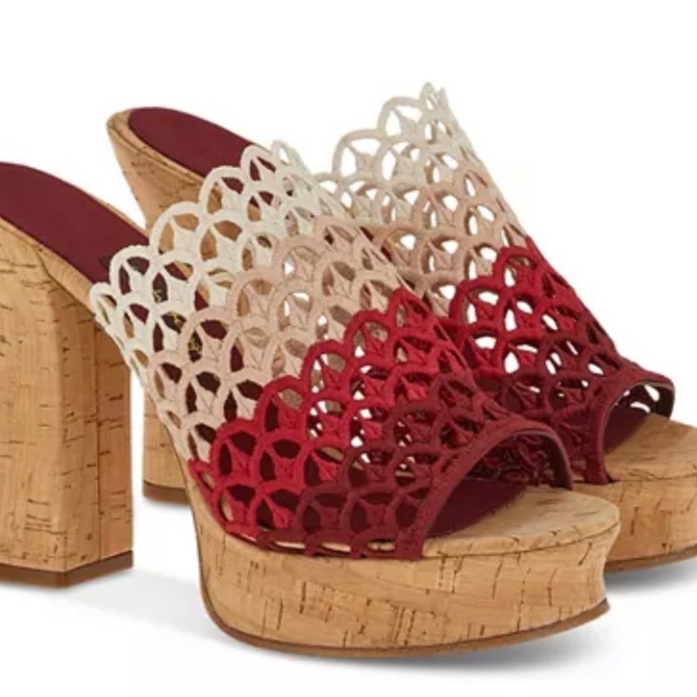 SALVATORE FERRAGAMO SAJA DEGRADE MACRAME CORK PLATFORM HEEL SLIDE SANDALS SIZE 8